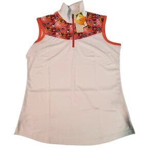 Bermuda Sands Womens Sleeveless Golf Polo Shirt Size  L White/Orange Stamp Print